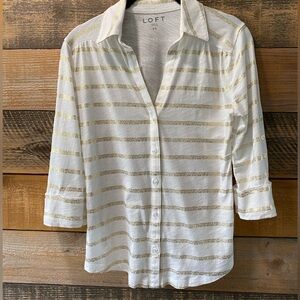 Loft white Knit Button Up Distressed Gold Stipe 3/4 length Sleeve Top Size XS